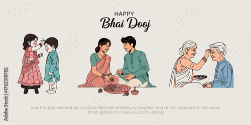 Happy Bhai Dooj vector banner illustrating the traditional Tilak (Tika) ritual between siblings across three generations: children, young adults, and elderly.