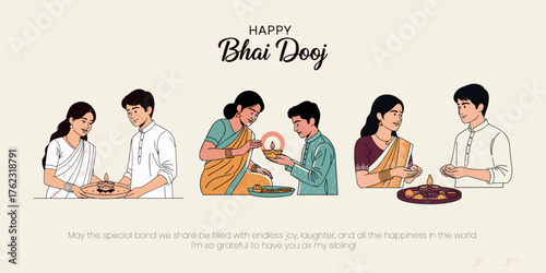 Happy Bhai Dooj banner illustration set showing a sister performing the sacred Aarti and applying Tika (Tilak) to her brother. Traditional Hindu festival concept.