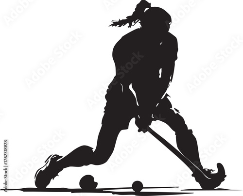 Field hockey player in dynamic action pose with ponytail, black silhouette vector for sport, motion, and athleticism