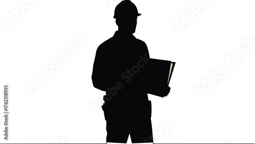 Silhouette of construction worker with documents folder, construction worker, silhouette, documents, folder, worker, man, male, industrial, professional, isolated, white background, hard hat, construc