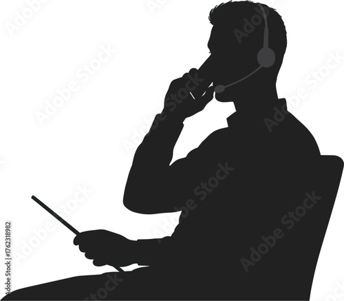 Silhouette of man in chair talking on phone with headset and tablet, silhouette, man, person, male, sitting, chair, office, call center, customer service, support, headset, headphones, microphone, pho