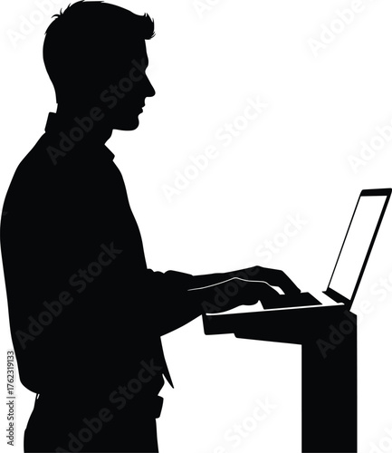 Silhouette of man typing on laptop standing  silhouette, man, laptop, computer, typing, silhouette, presentation, background, information, isolated, office, laptop, man, connection, online, developmen
