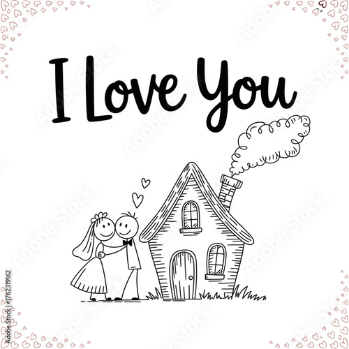 Love's Cozy Haven: A heartwarming illustration of a couple standing in front of their dream home. I Love You written above, with hearts around the image to show affection.