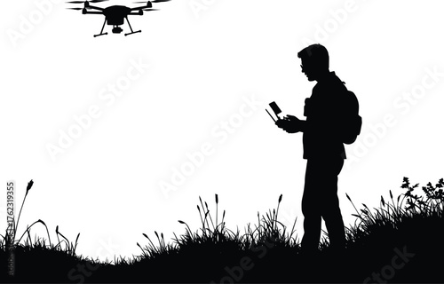 Silhouette of man with backpack operating drone with remote control, drone, flying, technology, aerial, remote control, quadcopter, aircraft, sky, white background, silhouette, man, person, male, back