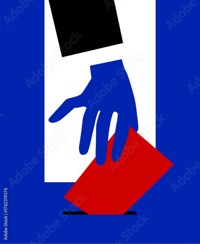Hand putting voting paper in the ballot box in blue, red, black and white colors. Election poster in a flat minimalist style. Vector illustration 