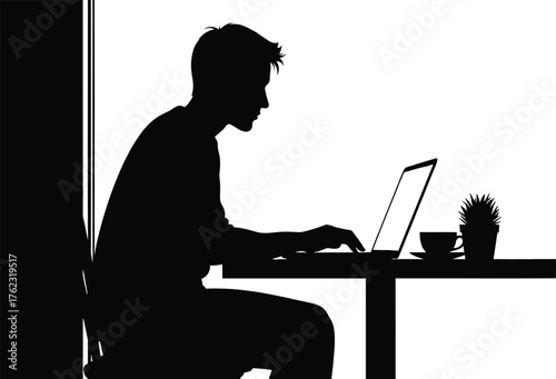 Silhouette of man working on laptop at table with plant and coffee silhouette, man, working, silhouette, plant, desk, cactus, concentration, study, background, office, isolated, information, thinking,