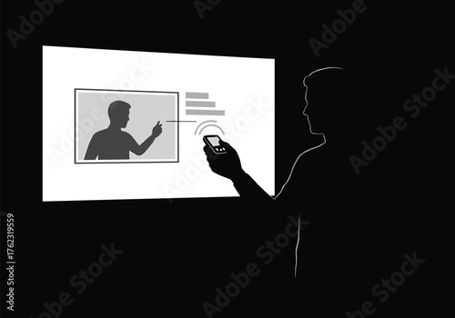 Silhouette of Person Controlling Presentation with Remote Control, presentation, control, remote control, screen, projection, technology, digital, interaction, person, silhouette, man, woman, audience