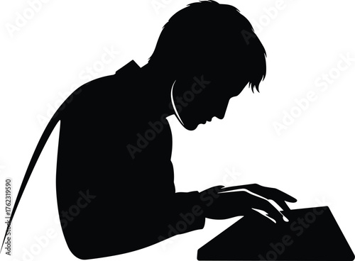 Silhouette of person typing on a laptop computer, person, silhouette, typing, laptop, computer, technology, student, work, education, online, digital, keyboard, hands, focused, concentration, isolated
