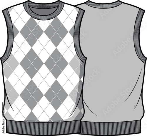 Argyle sweater vest fashion illustration front and back view with ribbed trim and diamond knit pattern design
