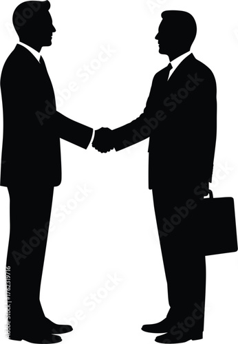Silhouette of two businessmen shaking hands Keywords: silhouette, businessmen, shaking hands, closing, silhouette, background, isolated, connection, contract, introduction, partnership, dealmaking, ti
