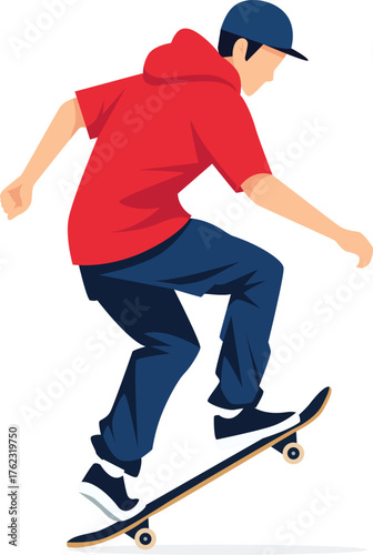 A young man wearing a red hoodie and blue jeans rides a skateboard, performing a trick.