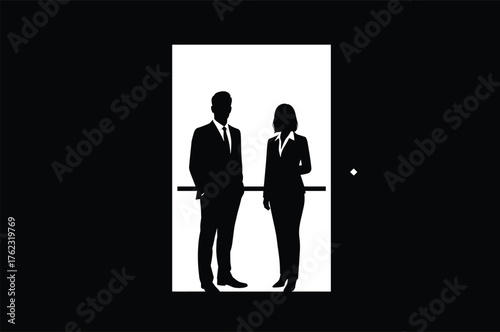 Silhouettes of a man and woman in suits in an elevator, man, woman, silhouette, business, suits, tie, formal wear, elevator, lift, together, standing, professional, career, colleagues, meeting, conver