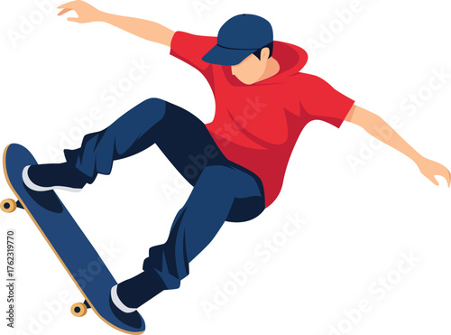 A young man in a red hoodie and blue cap performs a skateboard trick with arms outstretched for balance.