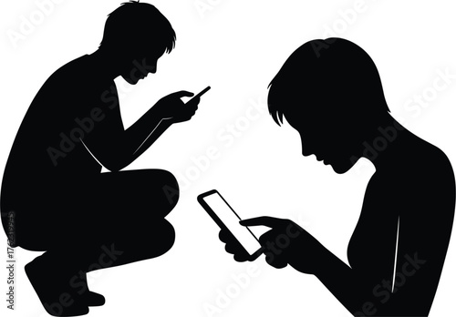 Silhouettes of people using smartphones on white background silhouette, people, information, background, focused, isolated, connection, man, online, addiction, silhouette, mobile, tapping, network, si