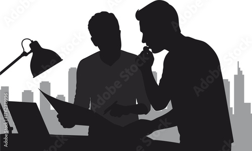 Silhouettes of two men in an office with cityscape background, silhouette, people, men, office, desk, laptop, lamp, paper, document, cityscape, buildings, background, work, meeting, discussion, collab