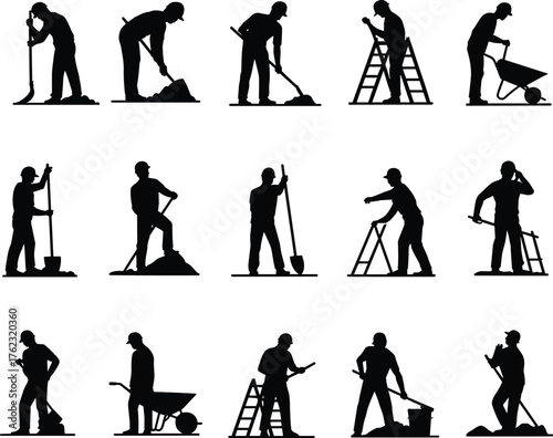 Construction workers silhouettes, manual labor, industrial tools, teamwork, digging, lifting, painting, infrastructure, safety gear, urban development, job site, hard work