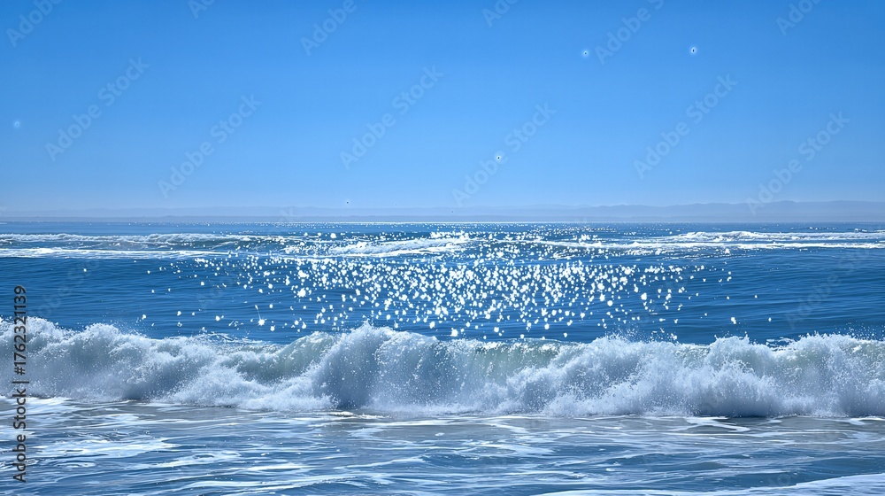 Fototapeta premium Bright Sunlight Reflecting off Ocean Waves Creating Sparkling Patterns on a Serene Beach
