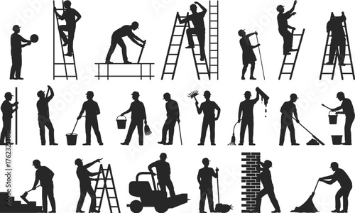 Construction workers, maintenance crew, silhouettes, manual labor, industrial tools, ladder climbing, bricklaying, sweeping, painting, equipment handling, infrastructure, job site, teamwork,