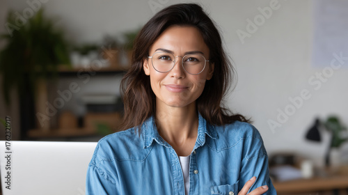 Professional woman smiling in office personal branding modern workspace Free Download Professional woman smiling in office personal branding modern workspace - GFXLoad