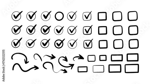 Collection of hand-drawn checkmarks arrows and square boxes for design projects