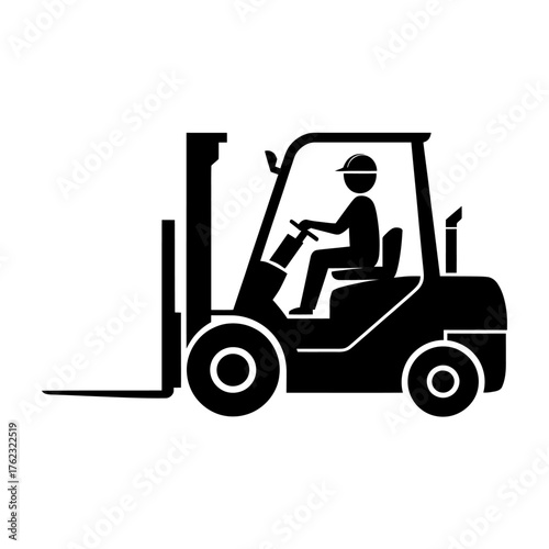 Silhouette of forklift operator driving heavy machinery in warehouse logistics