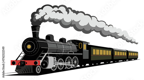 Vintage steam locomotive puffing smoke with passenger cars on tracks
