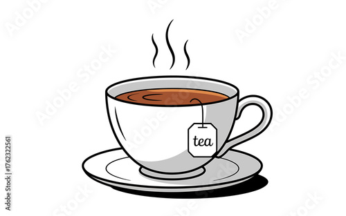 Steaming cup of tea on saucer simple clean drawing with tea bag