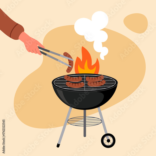 Minimalist barbecue scene hand grilling burgers on a charcoal grill with flames and smoke