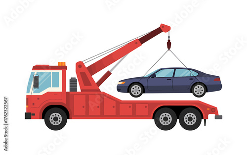 Red tow truck towing a dark sedan vehicle on a flat design