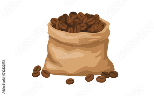 Rustic burlap sack overflowing with roasted coffee beans ready for brewing