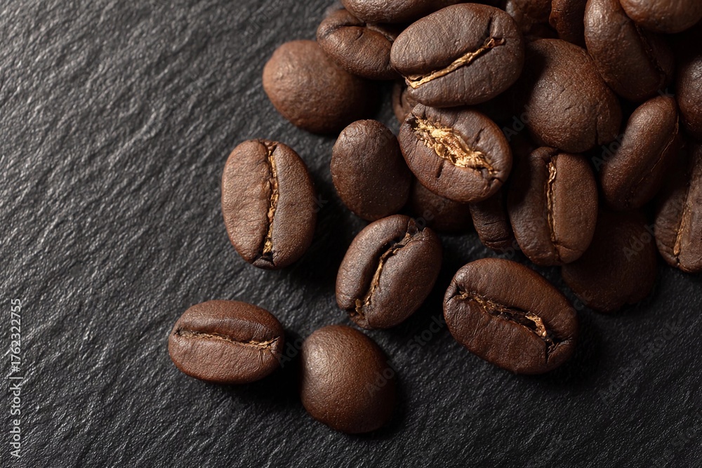 Naklejka premium Dark roasted coffee beans scattered on a slate surface ready for brewing