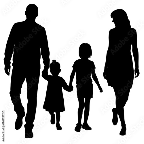 Family silhouette walking together happily