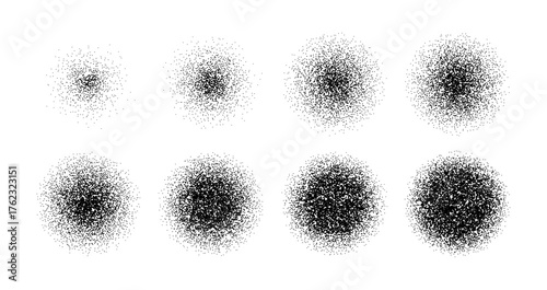 Black grain texture set of various density. Halftone point blot element. Stipple noise gradient on isolated background for graphic design.