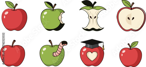 A collection of various apple illustrations, including whole, bitten, core, and worm-infested examples.