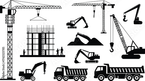 Construction site vector, cranes, excavators, dump trucks, building framework, heavy machinery, silhouettes of workers, construction tools, black illustration
