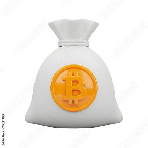 3d icon of money bag with bitcoin symbol, isolated on transparent background