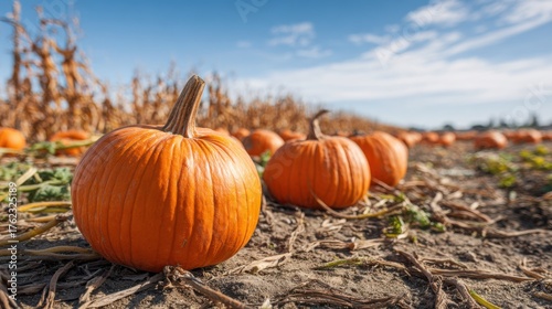 Pumpkin patch with ripe orange pumpkins ready for harvest under a bright blue autumn sky, dry corn stalks and earthy field in the background capture the season's farm atmosphere