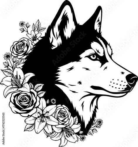 A beautifully illustrated husky dog portrait adorned with intricate floral elements, celebrating the essence of nature and companionship in stunning black and white.