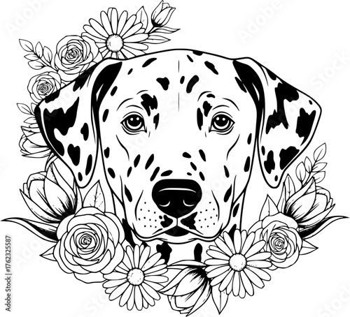 An artful portrayal of a Dalmatian dog encircled by a delicate floral wreath, the image showcases the dog's distinctive spotted coat, embodying purity and elegance. 