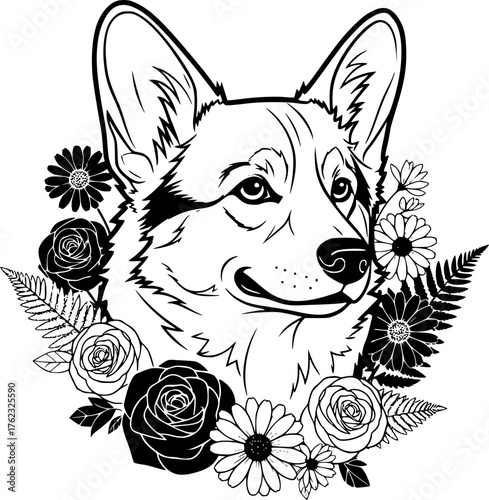 A charming corgi with an endearing expression, framed by a floral wreath, in a photorealistic graphic rendering.