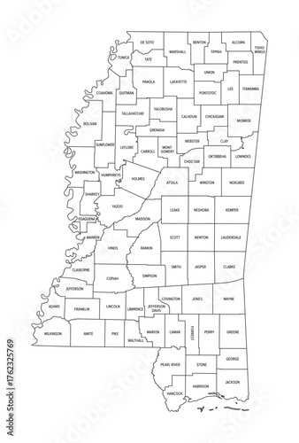 State of Mississippi, subdivided into 82 counties, outline map. State in the Southeastern region of the United States, nicknamed Magnolia and Hospitality State. Map with county borders and names.