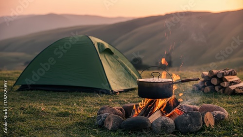Cozy campsite scene with tent campfire and pot at dusk