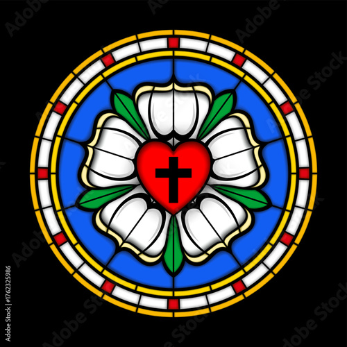 Luther Rose, Luther Seal, stained glass. Symbol of Lutheranism and expression of theology and faith of Martin Luther. Roman cross over red heart, in white rose, over blue, with golden ring. Vector