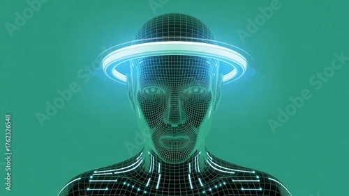 Futuristic cyberpunk humanoid head with neon sci fi halo glow