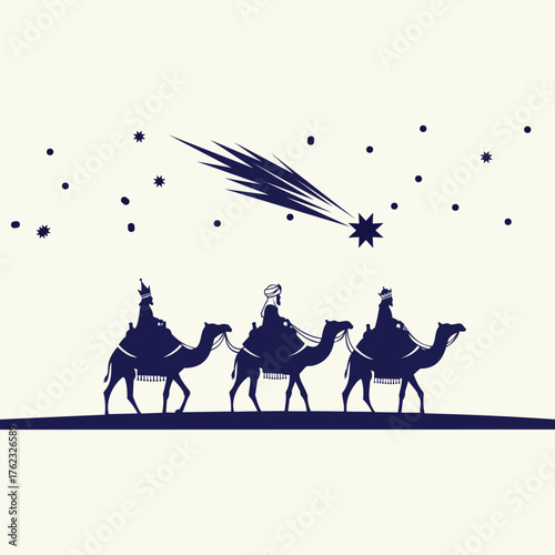 Creative design vector art of three wise men riding camels under a shooting star in the night sky