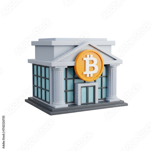 3d icon of bitcoin bank building with bitcoin logo isolated on transparent background