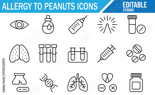 Peanut intolerance icons — lungs, eyes, rash, medicine vector set