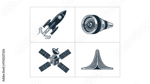 Aerospace Engineering Icons Rocket Jet Engine Satellite Airfoil