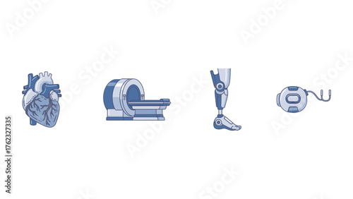 Biomedical Engineering Icons Artificial Heart MRI Machine Prosthetic Limb Pacemaker
