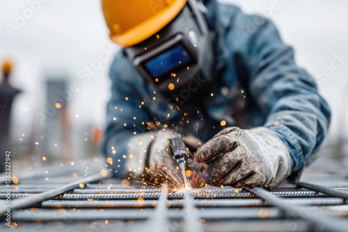Construction worker welding metal rods on a building site while sparks fly in the air on a cloudy day